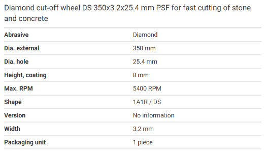 Picture of DIAMOND BLADE DS 350x3,2x25,4 PSF, Segmented, Concrete, brick, hard stone, granite, marble, block and other abrasive building materials
