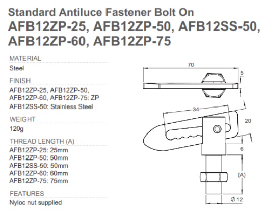 Picture of Fastener, Antiluce, M12 x 50mm, Mild Steel ZP, Nyloc Nut (Anti Rattle)
