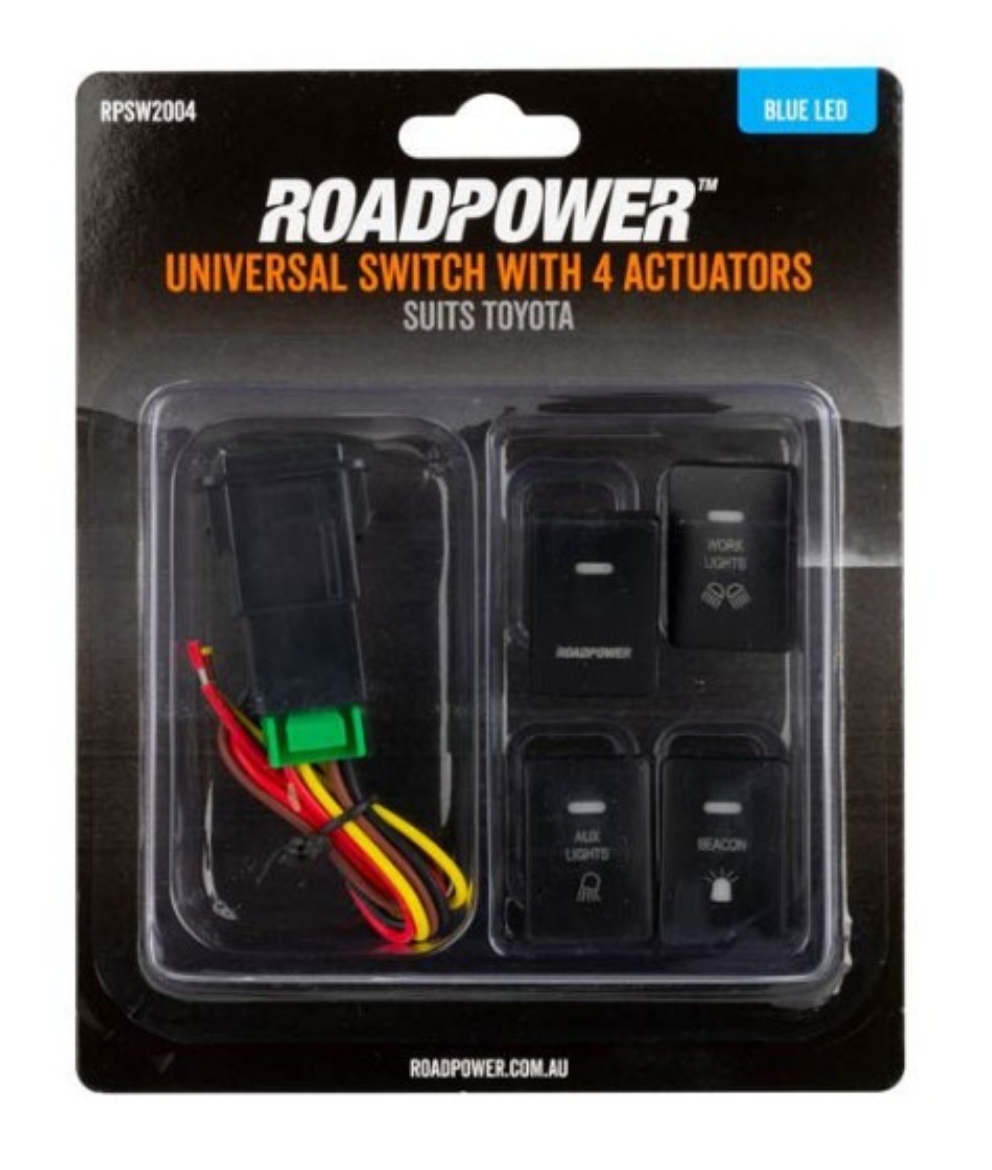 Picture of Switch, OE Type Blue 4 Symbols Roadpower/Work Light/Aux Light Beacon Suits Toyota 33x22mm, suits Toyota