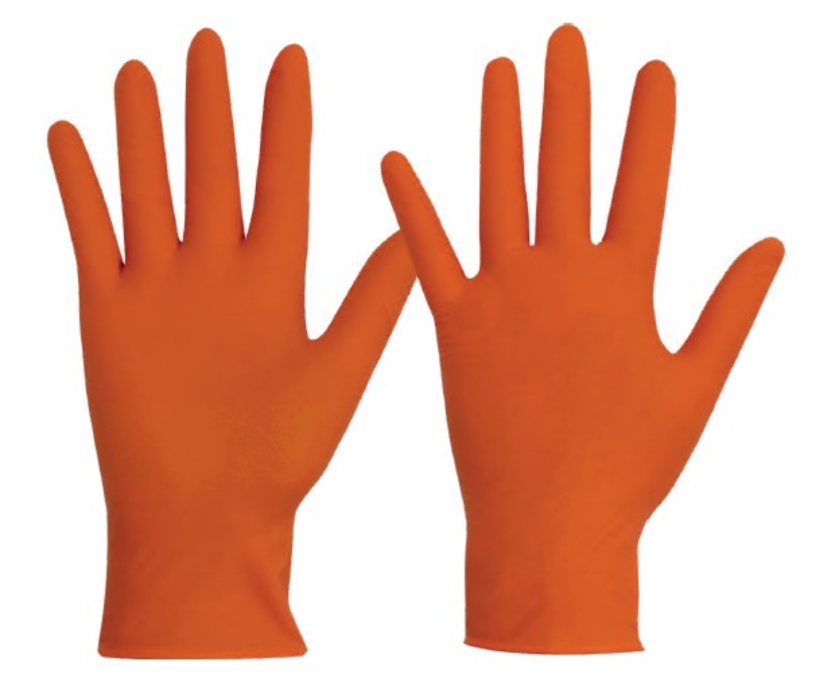 Picture of DISPOSABLE ORANGE HEAVY DUTY NITRILE POWDER FREE GLOVES - LGE, 100 PER BOX