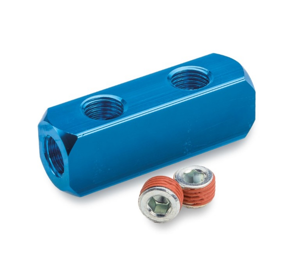 Picture of Manifold, 2-Way In-Line, 4 x 1/4" NPT Inlet/Outlets, 2 x 1/4" NPT Plugs