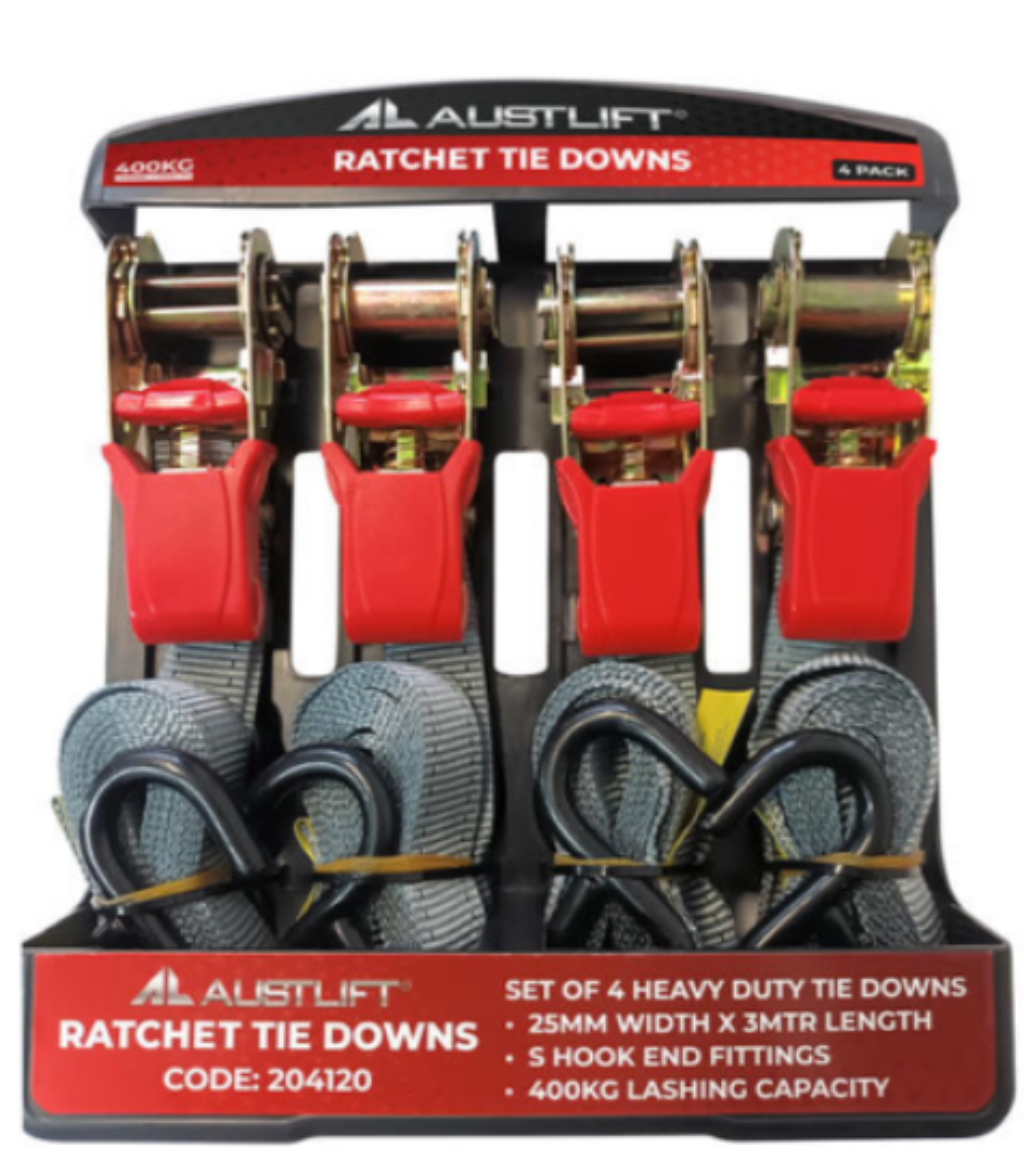 Picture of Ratchet Tie Down, 25mm x 4m, S Hooks, LC400kg, Heavy Duty, Pkt.4