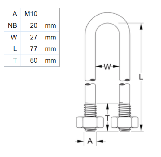 Picture of U-Bolt, 20NB, M10 x 77mm x 27mm ID, HDG