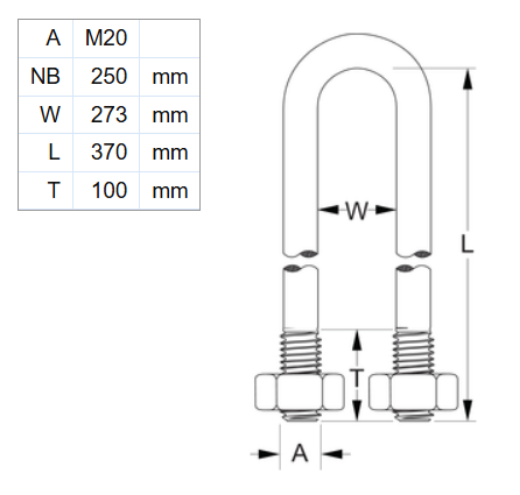 Picture of U-Bolt, 250NB, M20 x 370mm x 273mm ID, HDG