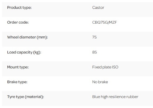 Picture of M Series Castor, 75mm x 28mm Blue Rubber Wheel, Fixed, 85kg rated