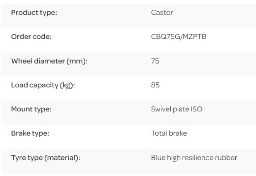 Picture of M Series Castor, 75mm x 28mm Blue Rubber Wheel, Swivel with Brake, 85kg rated