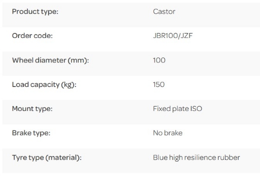 Picture of J Series Castor, 100mm x 32mm Blue Rubber Wheel, Fixed, 150kg rated