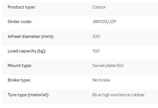 Picture of J Series Castor, 100mm x 32mm Blue Rubber Wheel, Swivel, 150kg rated