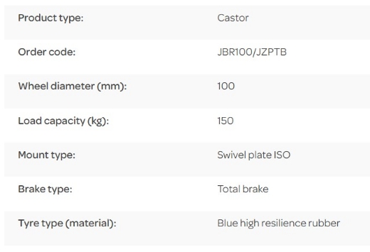 Picture of J Series Castor, 100mm x 32mm Blue Rubber Wheel, Swivel with Brake, 150kg rated