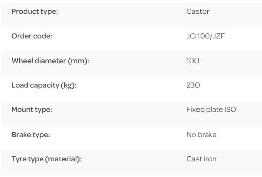 Picture of J Series Castor, 100mm x 38mm Cast Iron Wheel, Fixed, 230kg rated