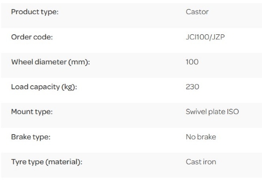 Picture of J Series Castor, 100mm x 38mm Cast Iron Wheel, Swivel, 230kg rated