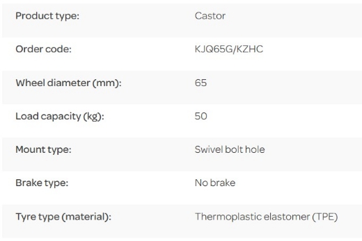 Picture of K Series Castor, 65mm x 23mm TPE Rubber Wheel, Swivel Bolt Hole, 50kg rated