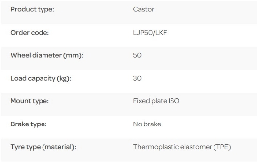 Picture of L Series Castor, 50mm x 20mm Grey TPE Wheel, Fixed, 30kg rated