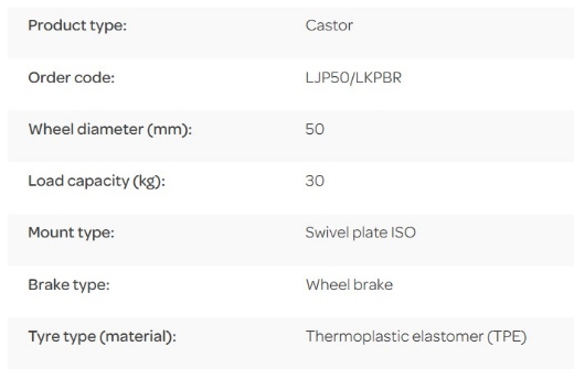 Picture of L Series Castor, 50mm x 20mm Grey TPE Wheel, Swivel with Brake, 30kg rated