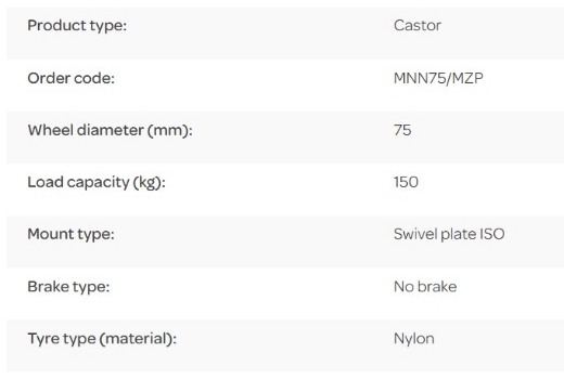 Picture of M Series Castor, 75mm x 32mm Nylon Wheel, Swivel, 150kg rated