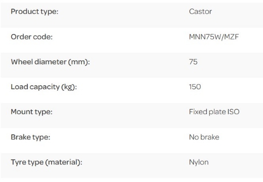 Picture of M Series Castor, 75mm x 32mm Nylon Wheel, Fixed, 150kg rated