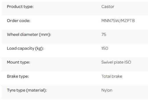 Picture of M Series Castor, 75mm x 32mm Nylon Wheel, Swivel with Brake, 150kg rated