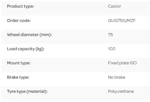 Picture of M Series Castor, 75mm x 32mm PU on Nylon Wheel, Fixed, 100kg rated