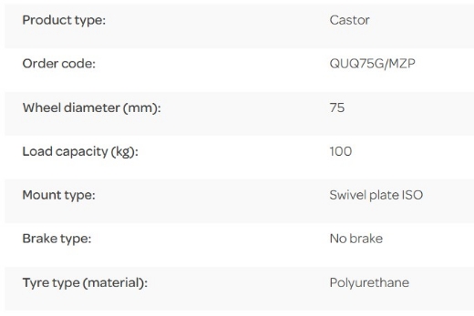 Picture of M Series Castor, 75mm x 32mm PU on Nylon Wheel, Swivel, 100kg rated