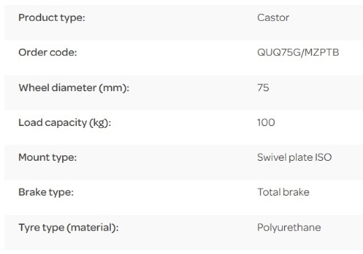 Picture of M Series Castor, 75mm x 32mm PU on Nylon Wheel, Swivel with Brake, 100kg rated