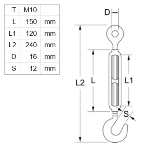 Picture of Turnbuckle, M10x150mm, Hook & Eye, Stainless 316
