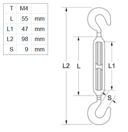 Picture of Turnbuckle, M4x55mm, Hook & Hook, Stainless 316