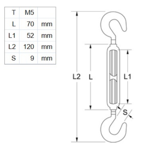 Picture of Turnbuckle, M5x70mm, Hook & Hook, Stainless 316