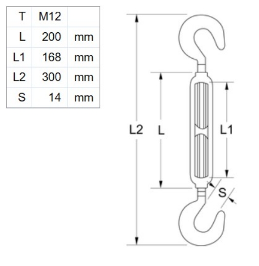 Picture of Turnbuckle, M12x200mm, Hook & Hook, Stainless 316
