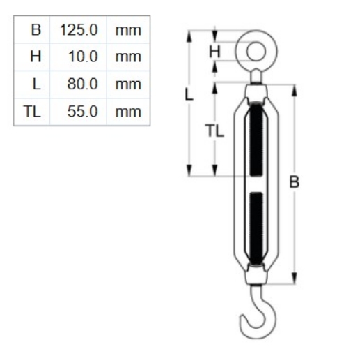 Picture of Turnbuckle, M8x125mm, Hook & Eye, HDG