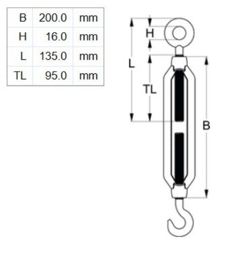 Picture of Turnbuckle, M12x200mm, Hook & Eye, HDG