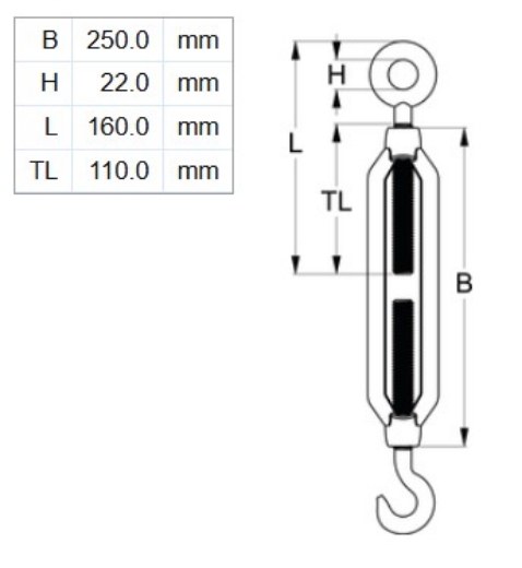 Picture of Turnbuckle, M16x250mm, Hook & Eye, HDG