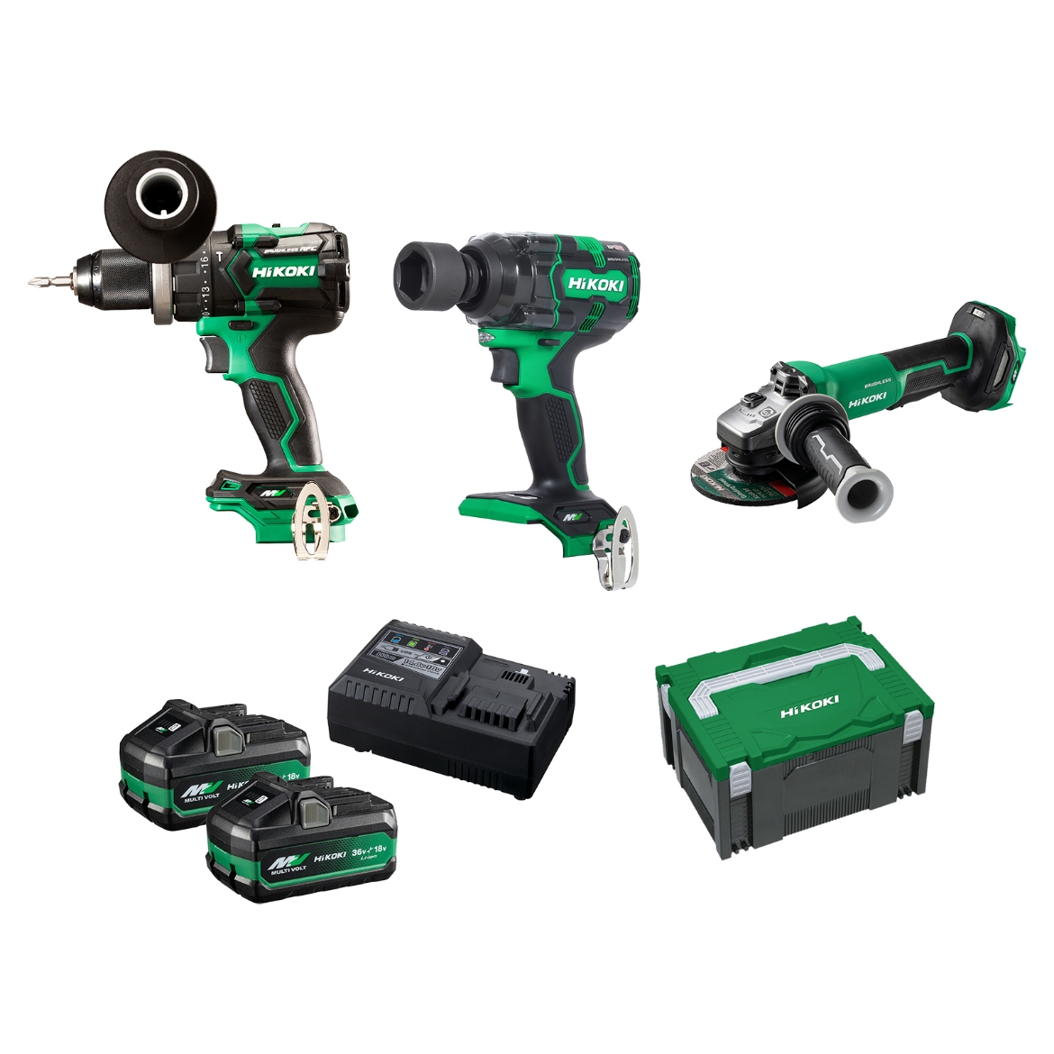 Picture of HIKOKI Kit, 36V 3-Piece BRUSHLESS Combination Pack: 
- 1 x DV36DC 36V BRUSHLESS Impact (Hammer) Driver Drill, 13mm Keyless
- 1 x WR36DH 36V BRUSHLESS 700Nm 12.7mm (1/2") Impact Wrench
- 1 x G3613DVF 36V BRUSHLESS 125mm Angle Grinder Paddle (Deadman) switch with Brake