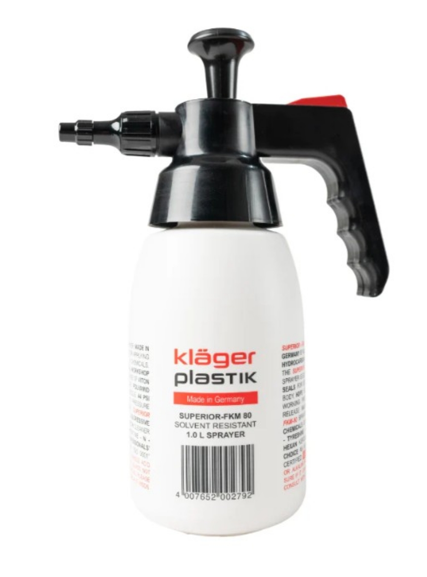 Picture of Sprayer, SUPERIOR, Solvent Resistant, 1L, equipped with a higher grade of FKM80 seals (VITON) for better chemical resistance.
Application: Petroleum-based solvents, Brake Cleaner, Tyre Shine, Degreaser