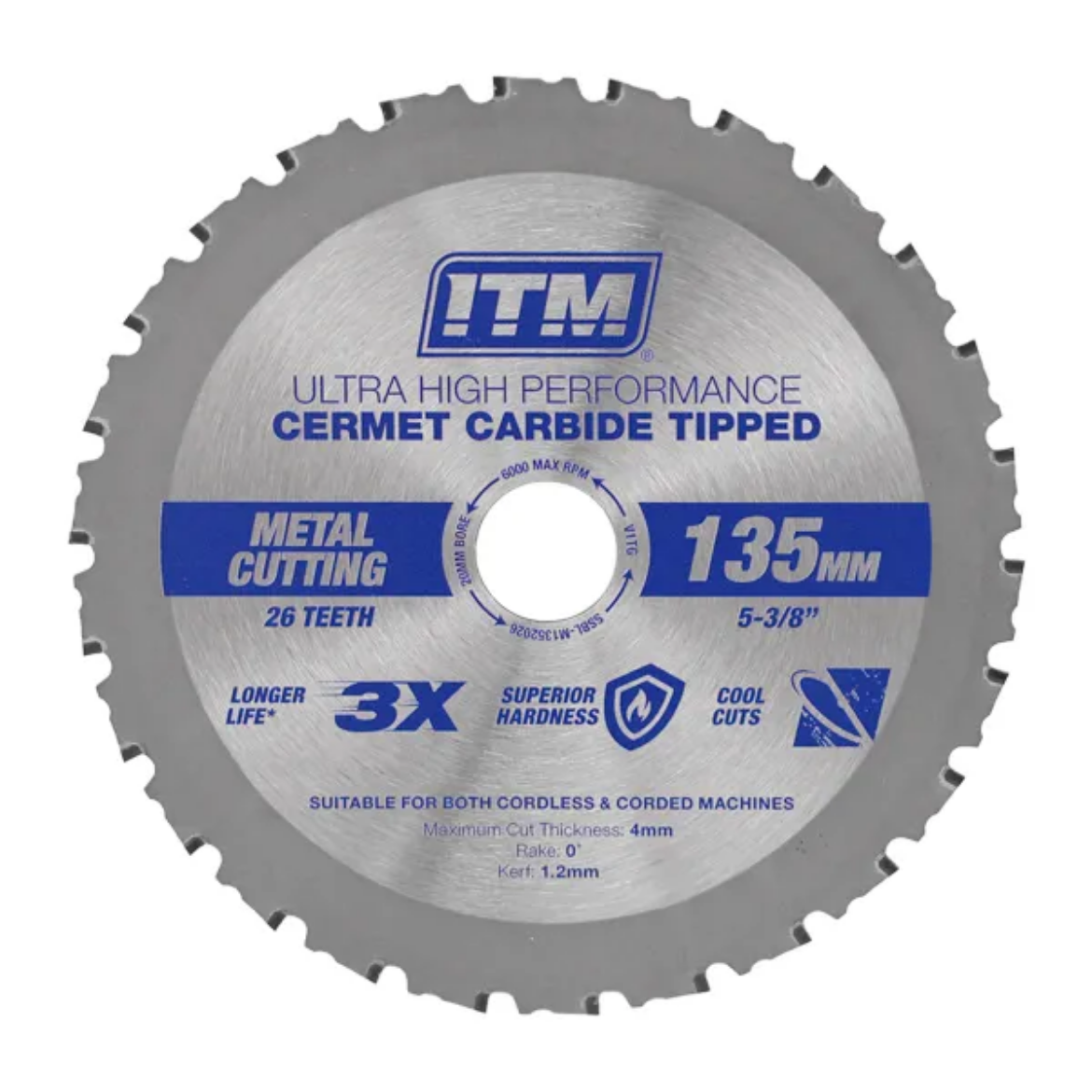 Picture of ITM METAL CUTTING BLADE, 135MM X 20MM BORE, 26 TEETH, CERMET CARBIDE TIPPED