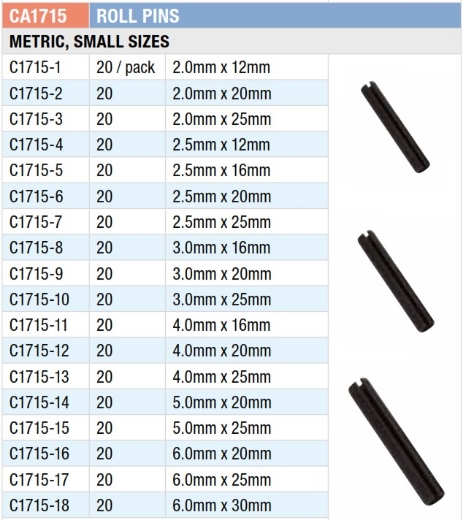 Picture of Grab Kit, Metric Roll Pin Assortment (Small Sizes), 18 Sizes: 2mm to 6mm Dia, Lengths: 12mm to 30mm