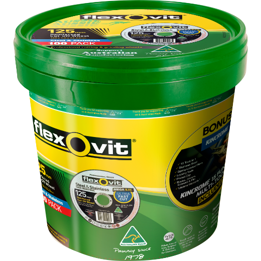 Picture of CUT-OFF WHEEL 125 x 1.0 x 22.2mm, MEGA INOX, Aussie Made Tub, 100 Discs, BONUS KINCROME MULTITOOL VALUE $38.95